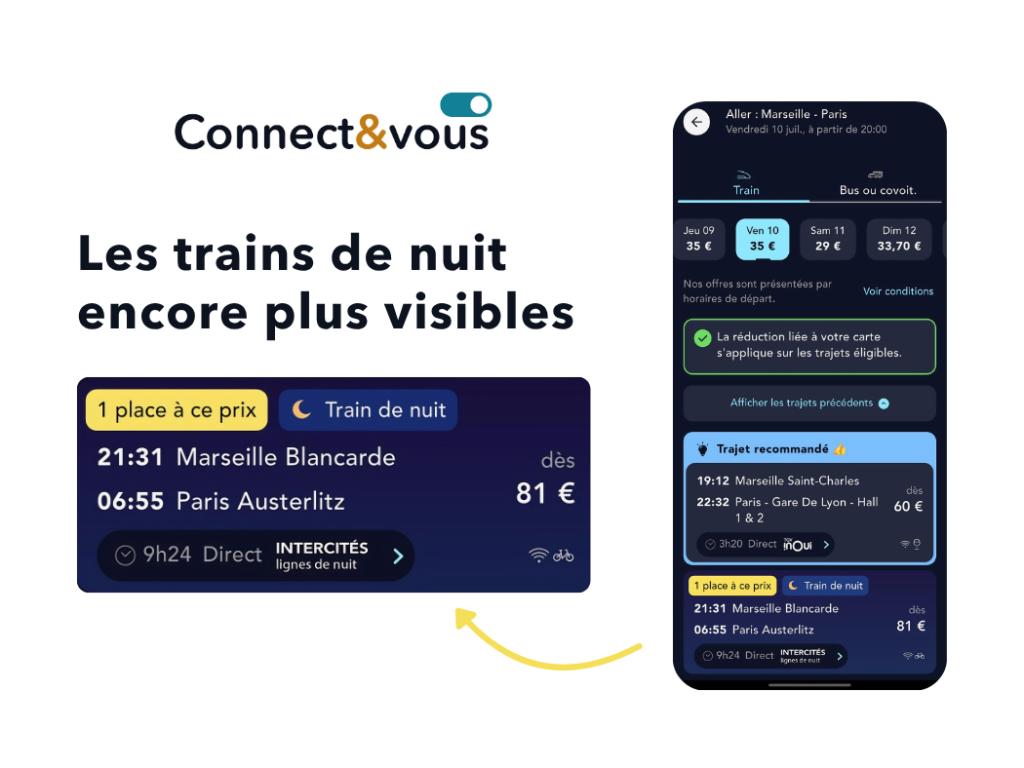 Les trains de nuit encore plus visibles. Capture d'écran montrant la nouvelle mention.